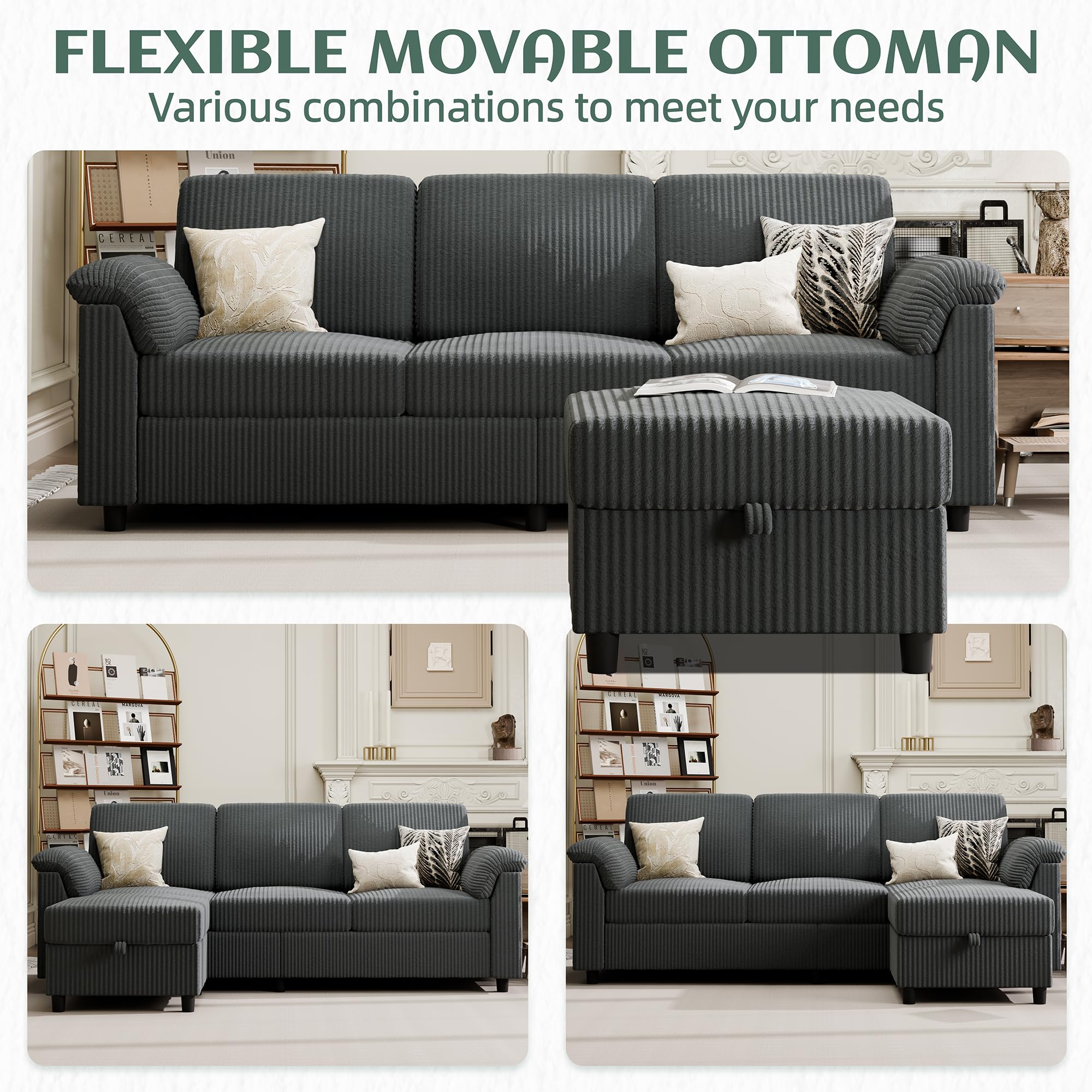 Convertible Sectional Sofa Couch, 3 Seat L Shaped Sofa with Removable Pillows Soft Corduroy Fabric Small Couch Mid Century for Living Room, Apartment and Office, Dark Grey