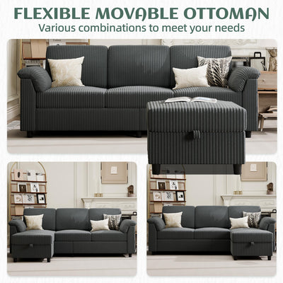 Convertible Sectional Sofa Couch, 3 Seat L Shaped Sofa with Removable Pillows Soft Corduroy Fabric Small Couch Mid Century for Living Room, Apartment and Office, Dark Grey