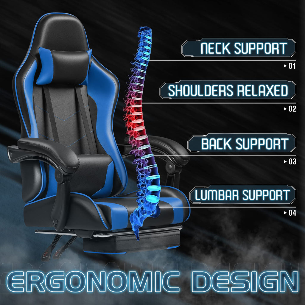 Gaming Chair, Video Game Chair with Footrest and Massage Lumbar Support, Ergonomic Computer Chair Height Adjustable with Swivel Seat and Headrest (Blue)