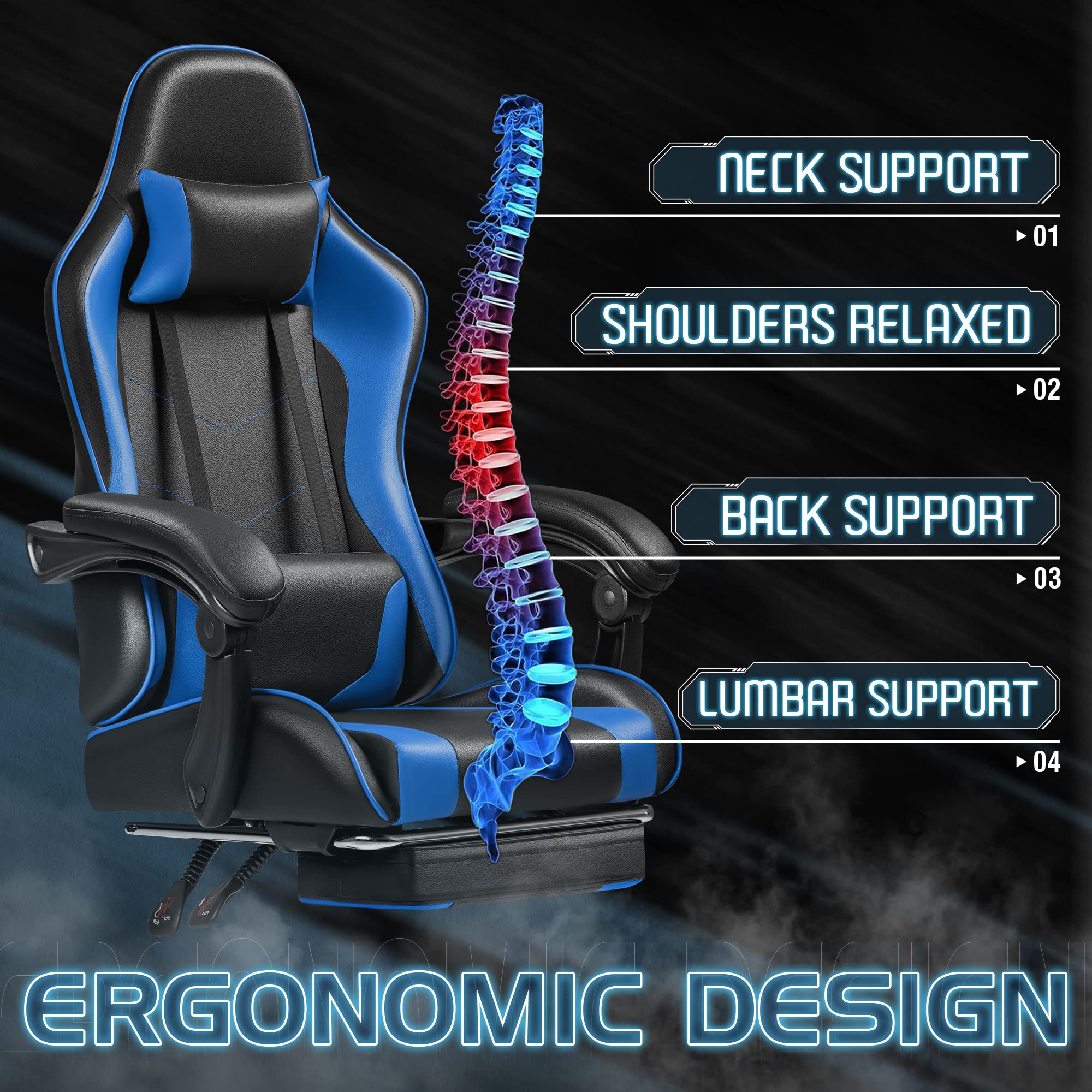 Gaming Chair, Video Game Chair with Footrest and Massage Lumbar Support, Ergonomic Computer Chair Height Adjustable with Swivel Seat and Headrest (Blue)