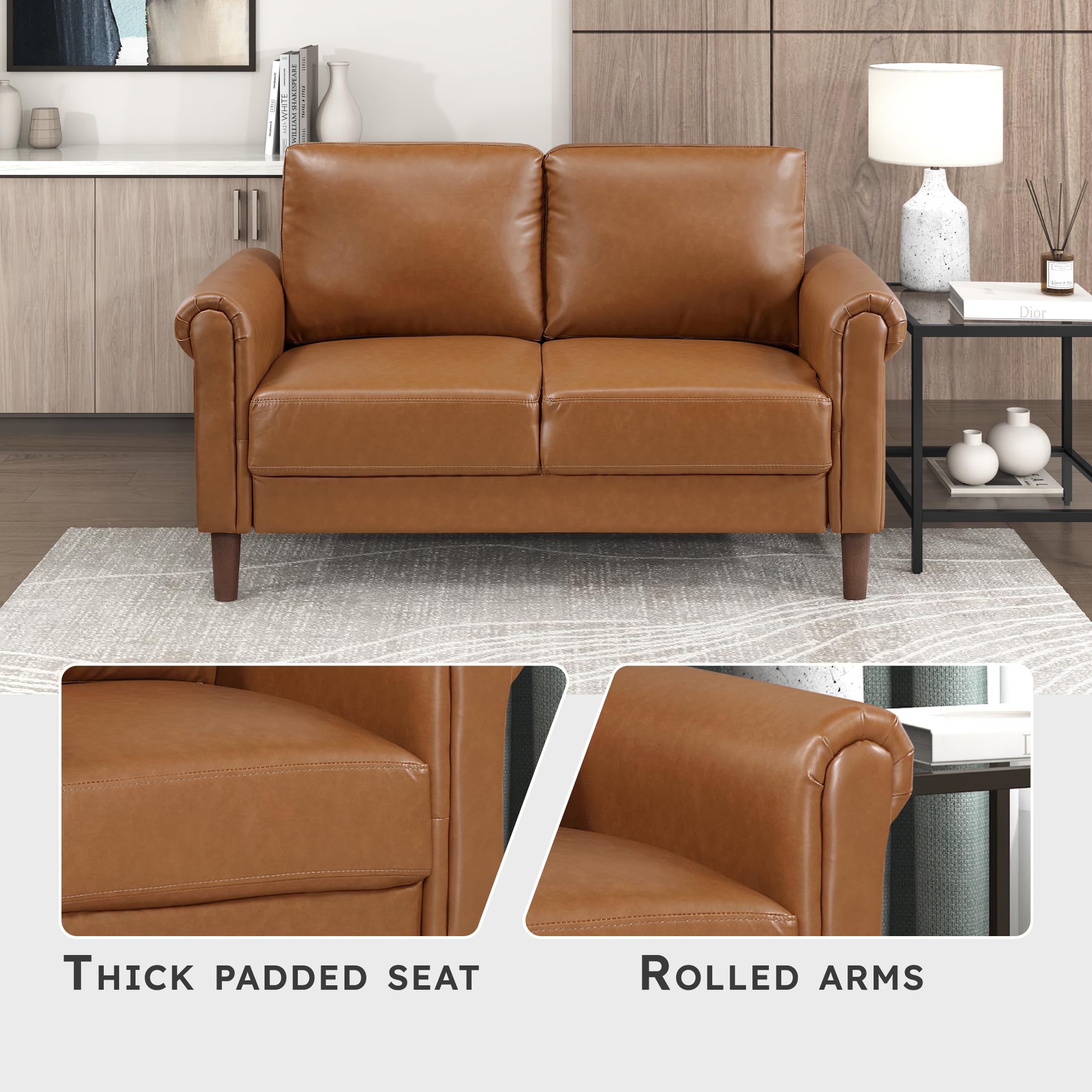 57" W Faux Leather Loveseat Sofa, Upholstered 2-Seater Couch with Rolled Armrest & Wood-Look Feet, Traditional Small Space Living Room, Office or Waiting Room Seating - Brown