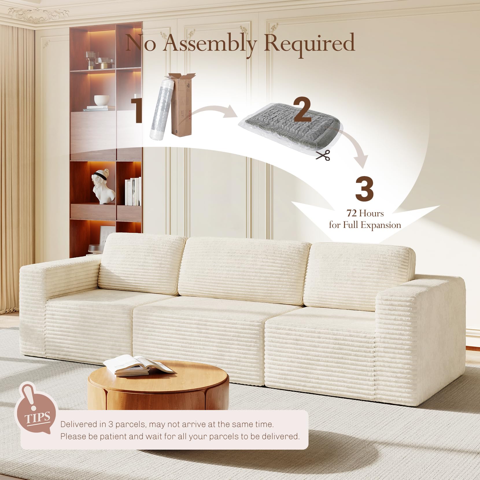 119" Modular Sectional Sofa, Corduroy Cloud Couch with Deep Seating & Spring Support, 3 Seater Flexible Layout Sofa, Boneless Couch for Living Room & Apartment, No Assembly Required, Beige
