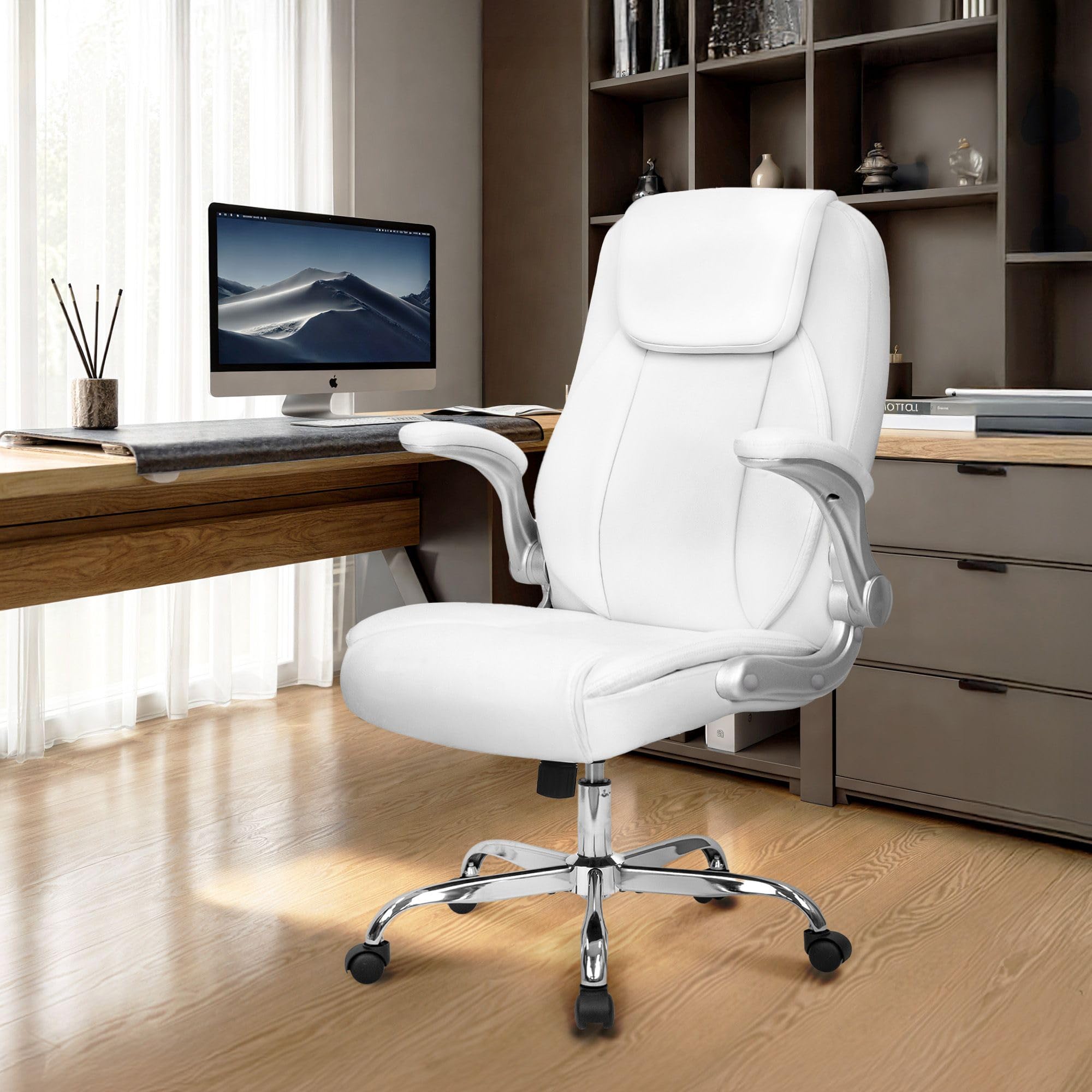 Office Desk Gaming Computer Home Chair Ergonomic Executive High Back Support Flip-up Arms Adjustable Height Swivel Rolling Wheels Comfy PU Leather (White)