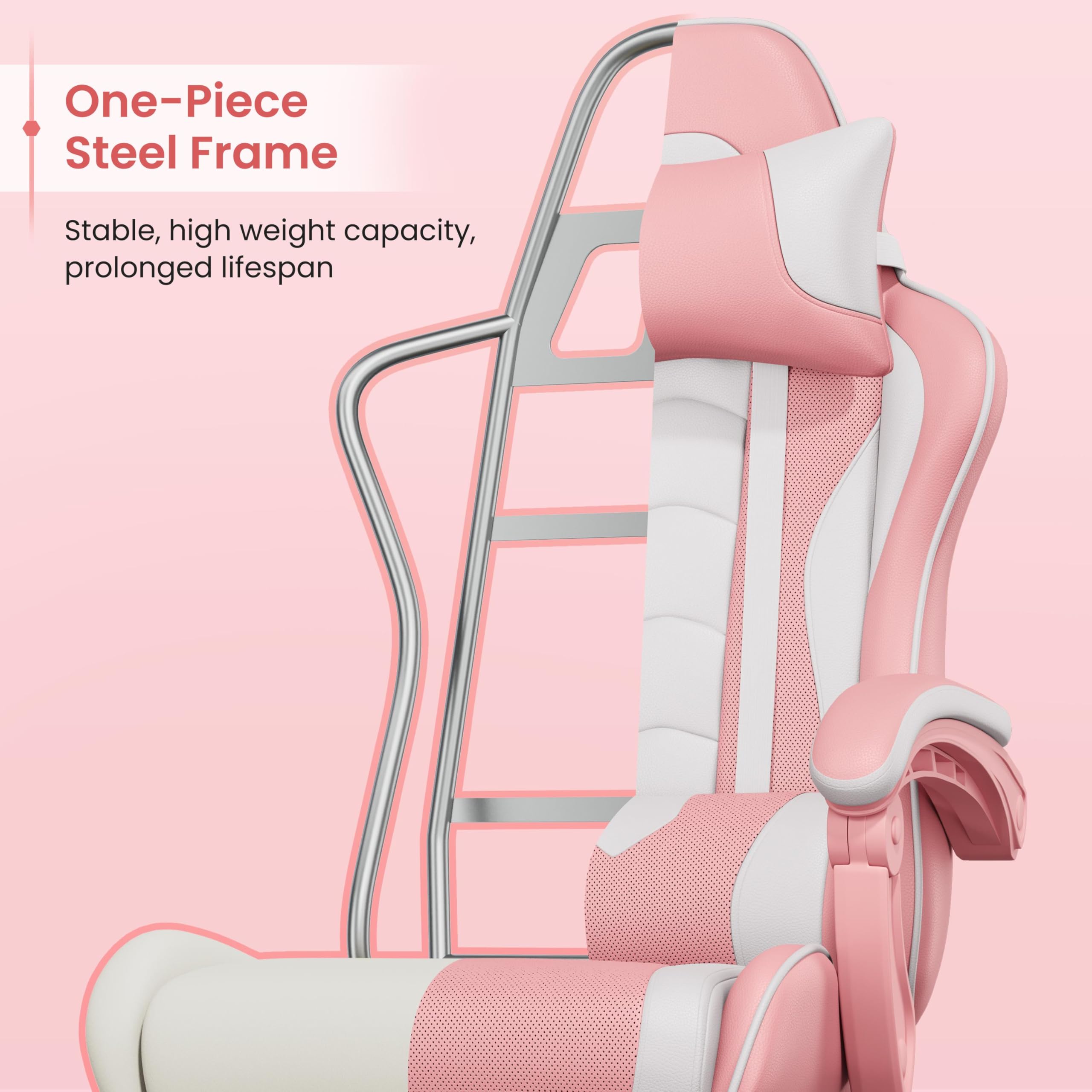 Gaming Chair, Video Game Chair with Massage Lumbar Support and Footrest Height Adjustable Ergonomic Computer Chair with Swivel Seat and Headrest, Pink/White
