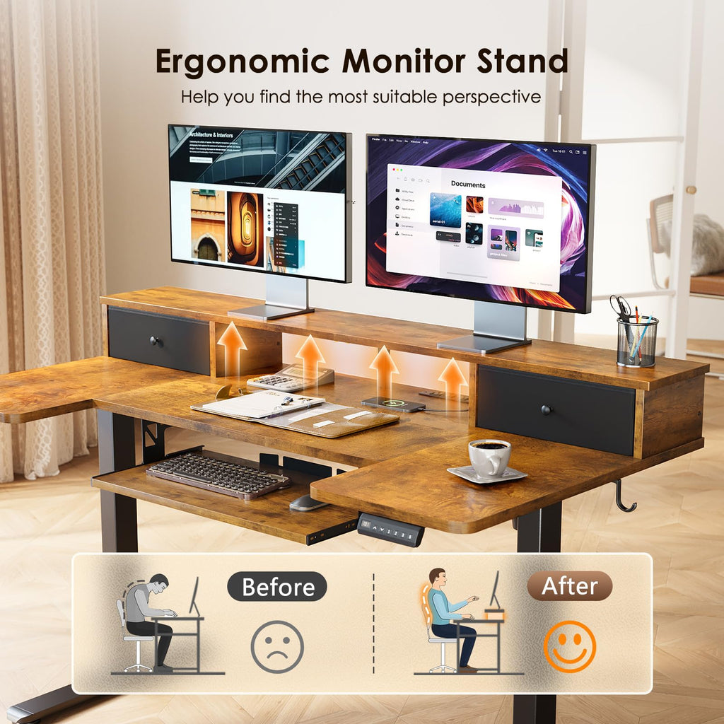 U Shaped Electric Standing Desk with Drawers, 55 Inch Height Adjustable Desk with Keyboard Tray ＆ Ergonomic Monitor Stand, Sit Stand Table with Power Outlets for Home, Office, Rustic Brown