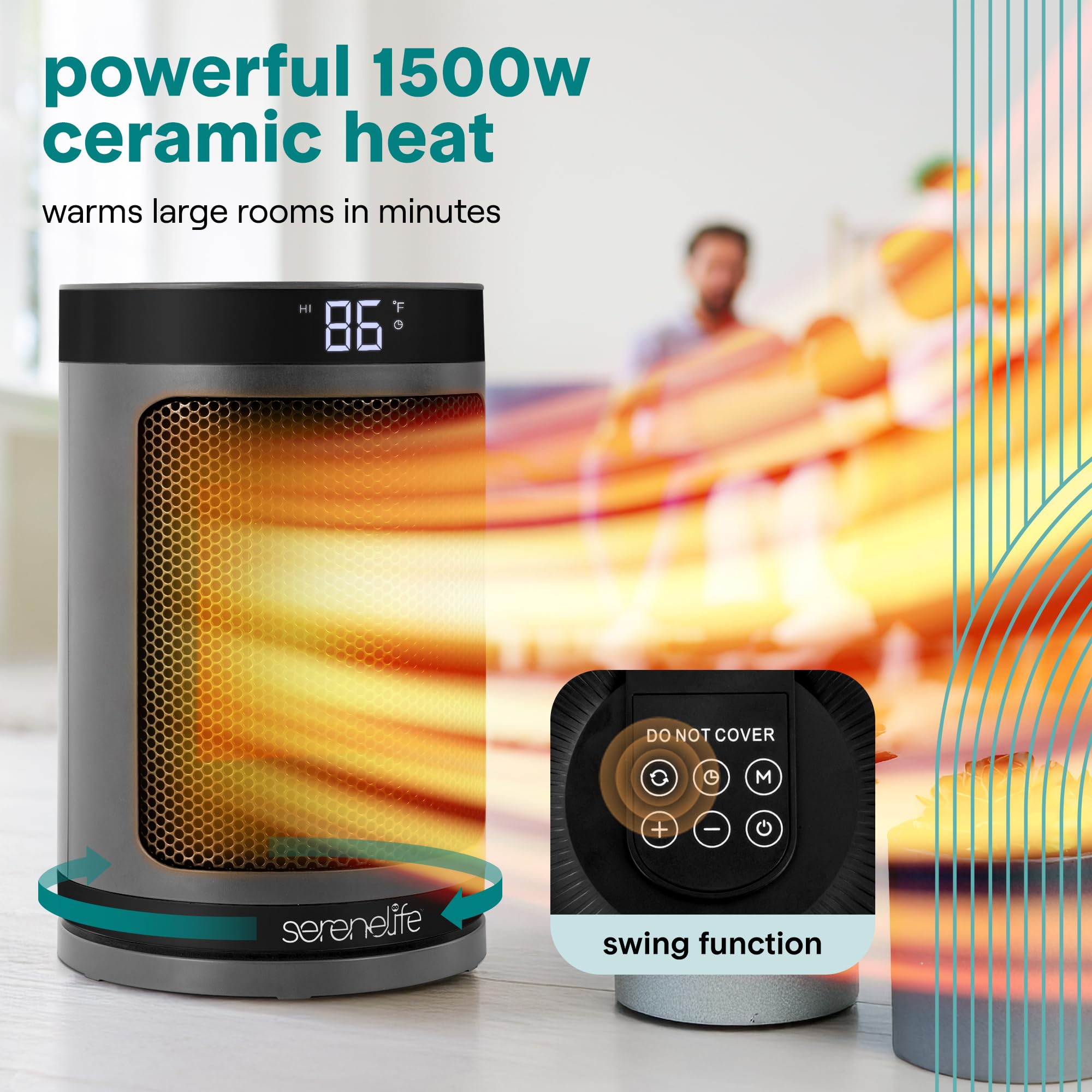 Smart Space Heater – 1500W Indoor Electric Heater with Thermostat, Remote Control, 12-Hour Timer, Wi-Fi Enabled PTC Ceramic Heating for Home and Office, Gray (5.9" x 5.9" x 9.5")