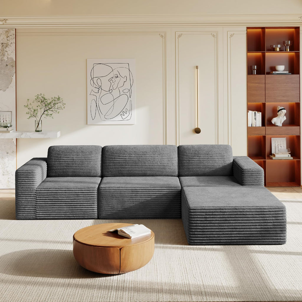 119" L-Shaped Modular Sectional Sofa, Corduroy Cloud Couch with Deep Seating & Spring Support, Flexible Layout Sofa with Ottoman, Boneless Style, No Assembly Required, Grey