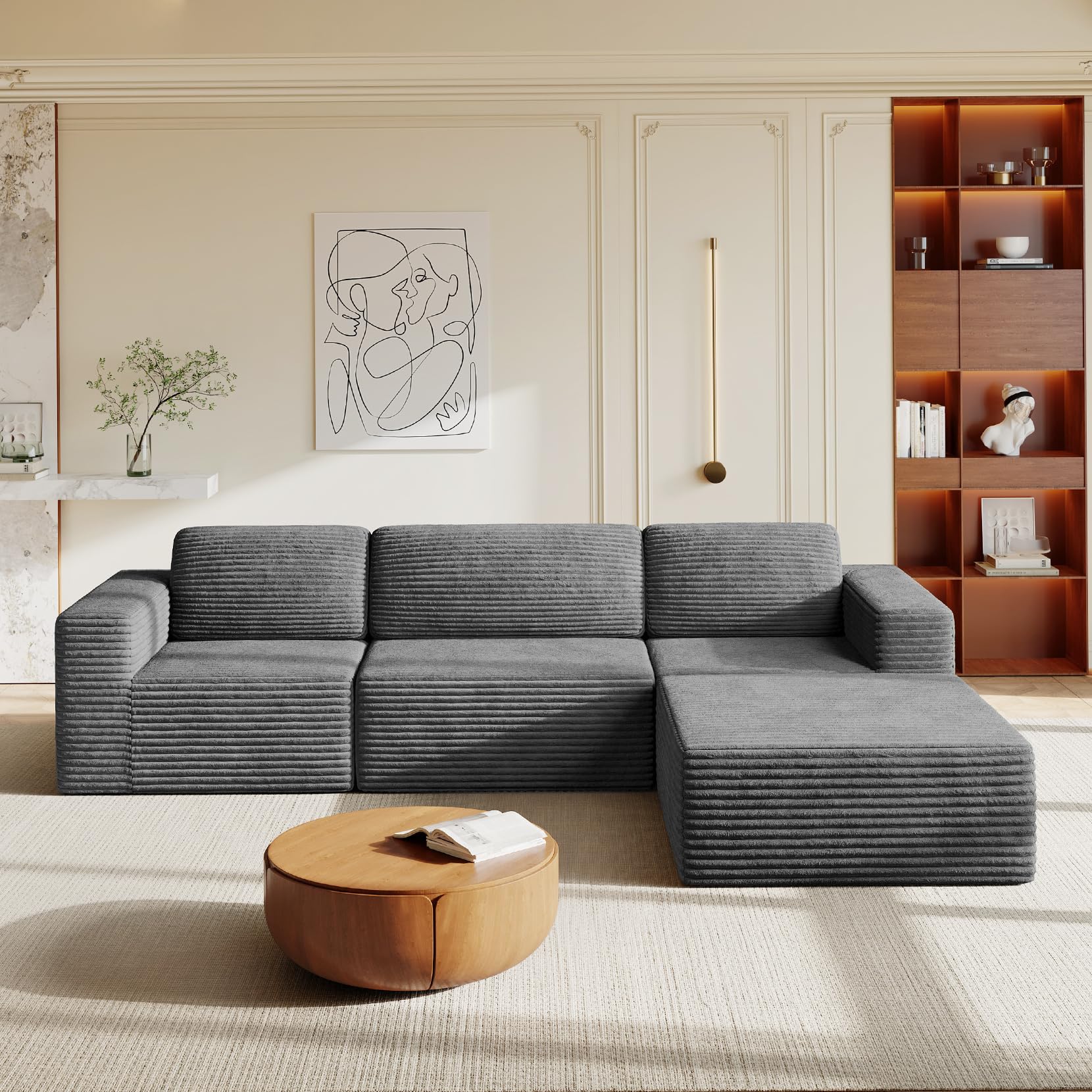 119" L-Shaped Modular Sectional Sofa, Corduroy Cloud Couch with Deep Seating & Spring Support, Flexible Layout Sofa with Ottoman, Boneless Style, No Assembly Required, Grey