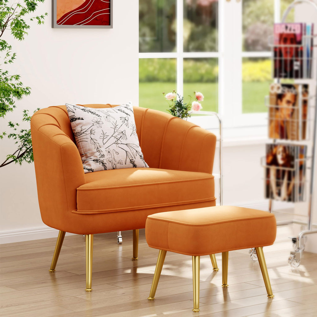 Velvet Accent Chair with Ottoman,Upholstered Modern Single Sofa Side Chair,Comfy Barrel Club Living Room Armchair with Golden Metal Legs for Bedroom Living Reading Room Office,Caramel Orange