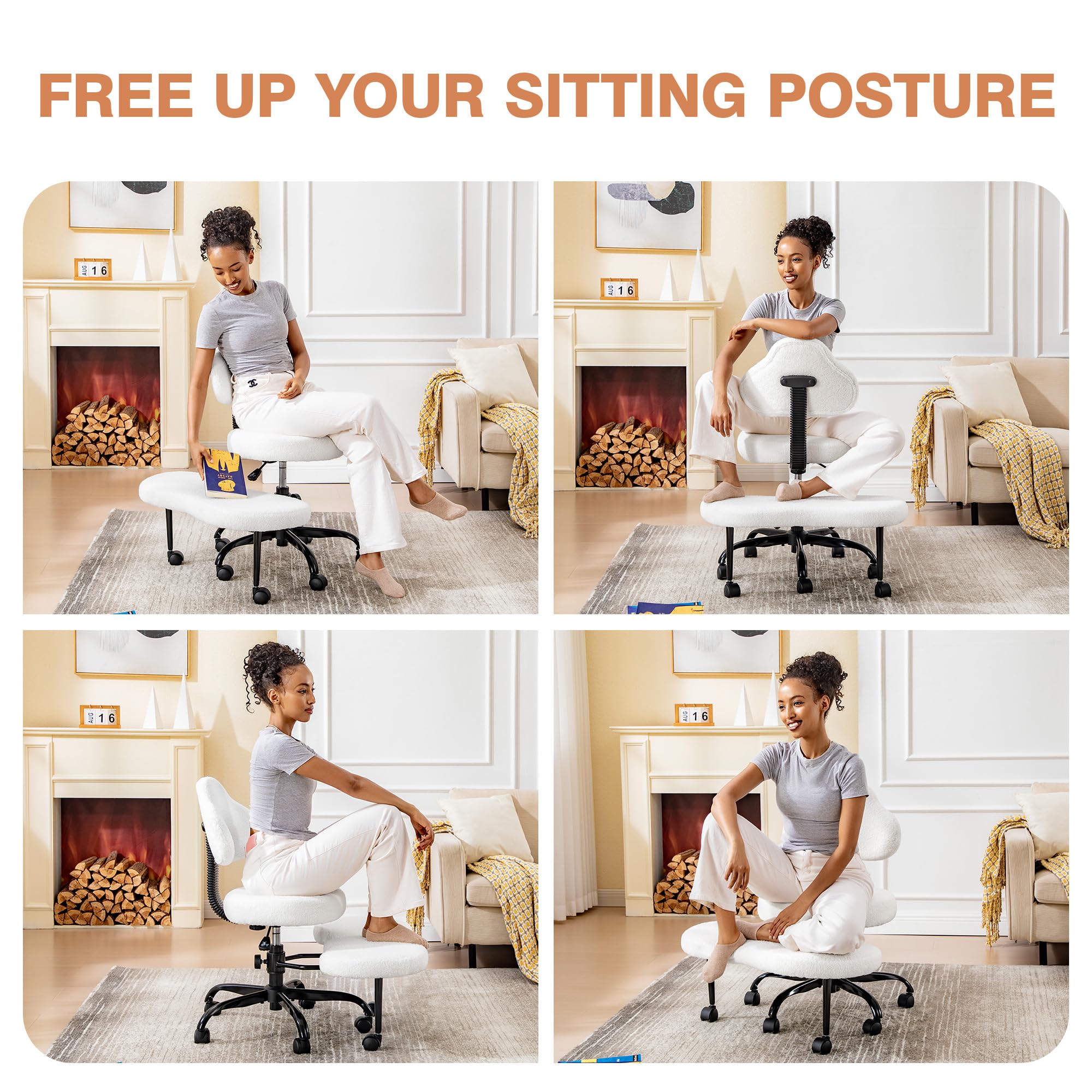 Cross Legged Office Chair, Criss Cross Desk Chair ADHD Meditation Kneeling Yoga Seat with Adjustable Height, Lumbar Support, Wider Footrest and Wheels (Pearl White)