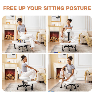 Cross Legged Office Chair, Criss Cross Desk Chair ADHD Meditation Kneeling Yoga Seat with Adjustable Height, Lumbar Support, Wider Footrest and Wheels (Pearl White)