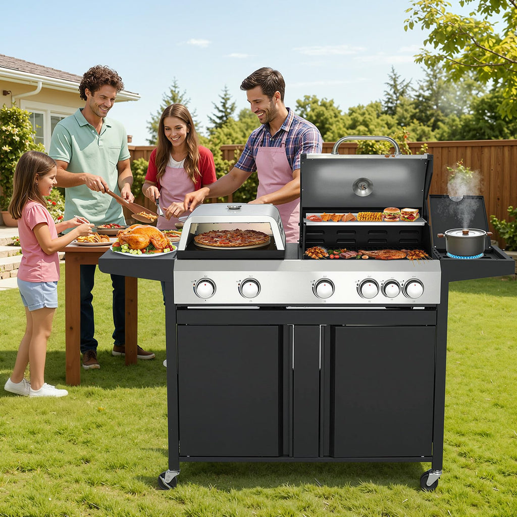 3 IN 1 Pizza Griddle Grill Combo, 74,000 BTU 5 Burner Stainless Steel Propane Gas Grill with Side Burner,Pizza Oven, Griddle and Porcelain Enameled Cast Iron Grates for Outdoor Patio Backyard