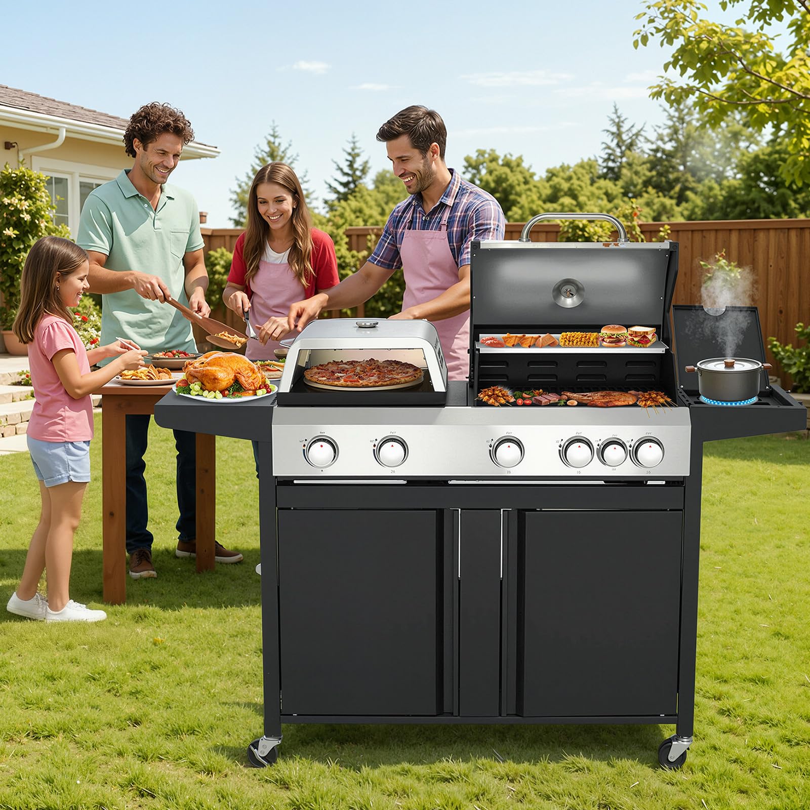 3 IN 1 Pizza Griddle Grill Combo, 74,000 BTU 5 Burner Stainless Steel Propane Gas Grill with Side Burner,Pizza Oven, Griddle and Porcelain Enameled Cast Iron Grates for Outdoor Patio Backyard
