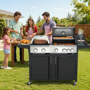 3 IN 1 Pizza Griddle Grill Combo, 74,000 BTU 5 Burner Stainless Steel Propane Gas Grill with Side Burner,Pizza Oven, Griddle and Porcelain Enameled Cast Iron Grates for Outdoor Patio Backyard