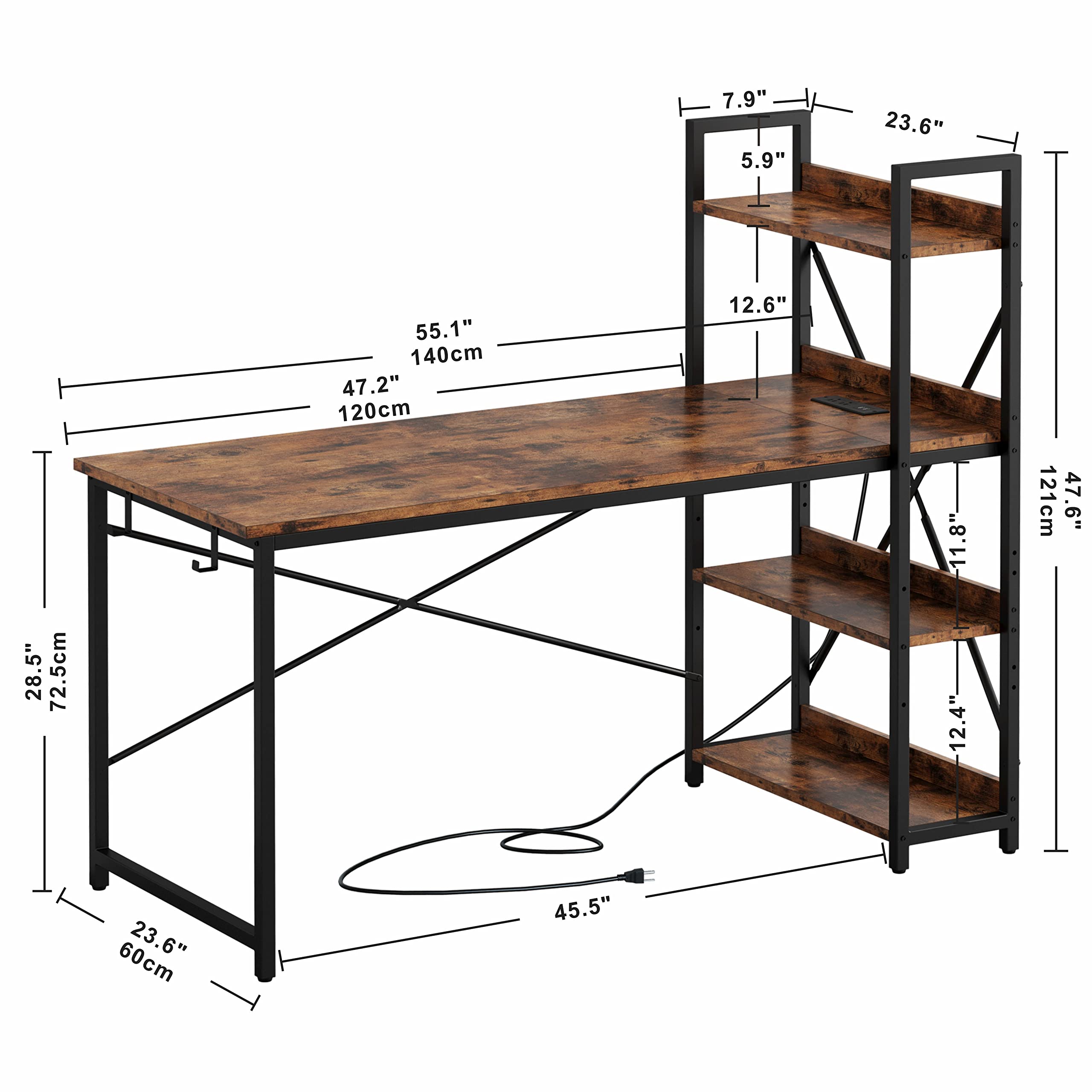 Computer Desk 55" with Power Outlet and Storage Shelves, Study Writing Table with USB Ports Charging Station, PC Desk Workstation for Home Office, Rustic Brown