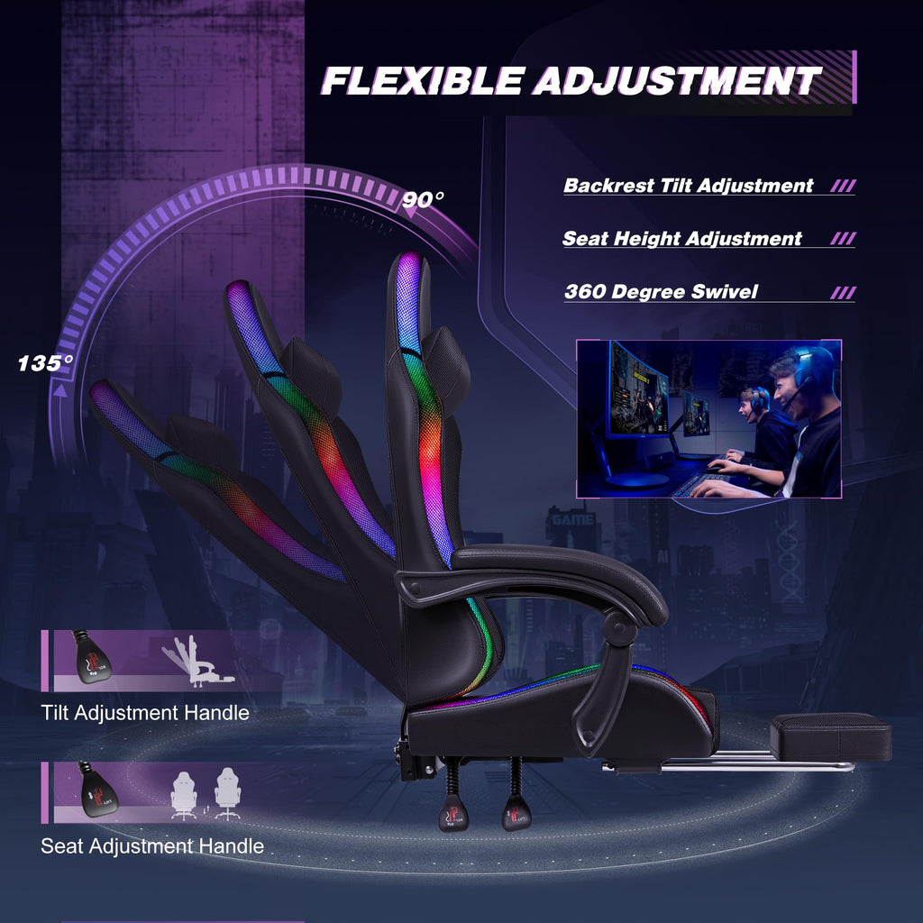 Gaming Chair, Video Game Chair with Footrest and Massage Lumbar Support, Ergonomic Computer Chair Height Adjustable with Swivel Seat and Headrest (RGB Dark Black)