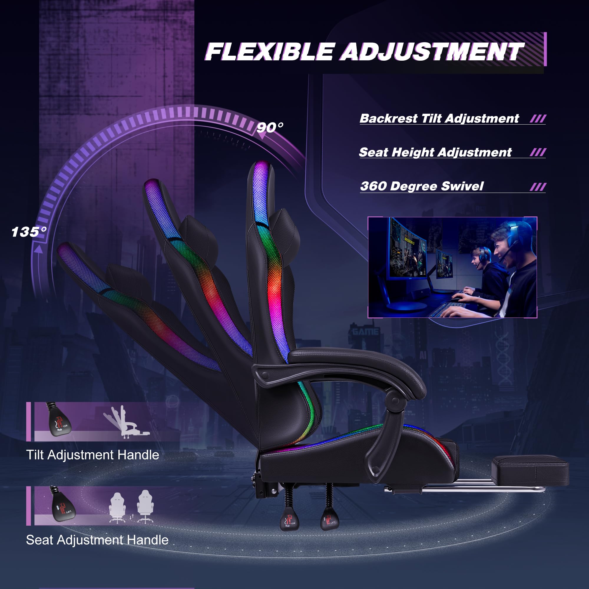 Gaming Chair, Video Game Chair with Footrest and Massage Lumbar Support, Ergonomic Computer Chair Height Adjustable with Swivel Seat and Headrest (RGB Dark Black)
