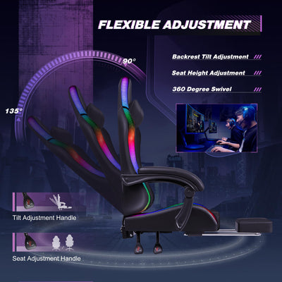 Gaming Chair, Video Game Chair with Footrest and Massage Lumbar Support, Ergonomic Computer Chair Height Adjustable with Swivel Seat and Headrest (RGB Dark Black)