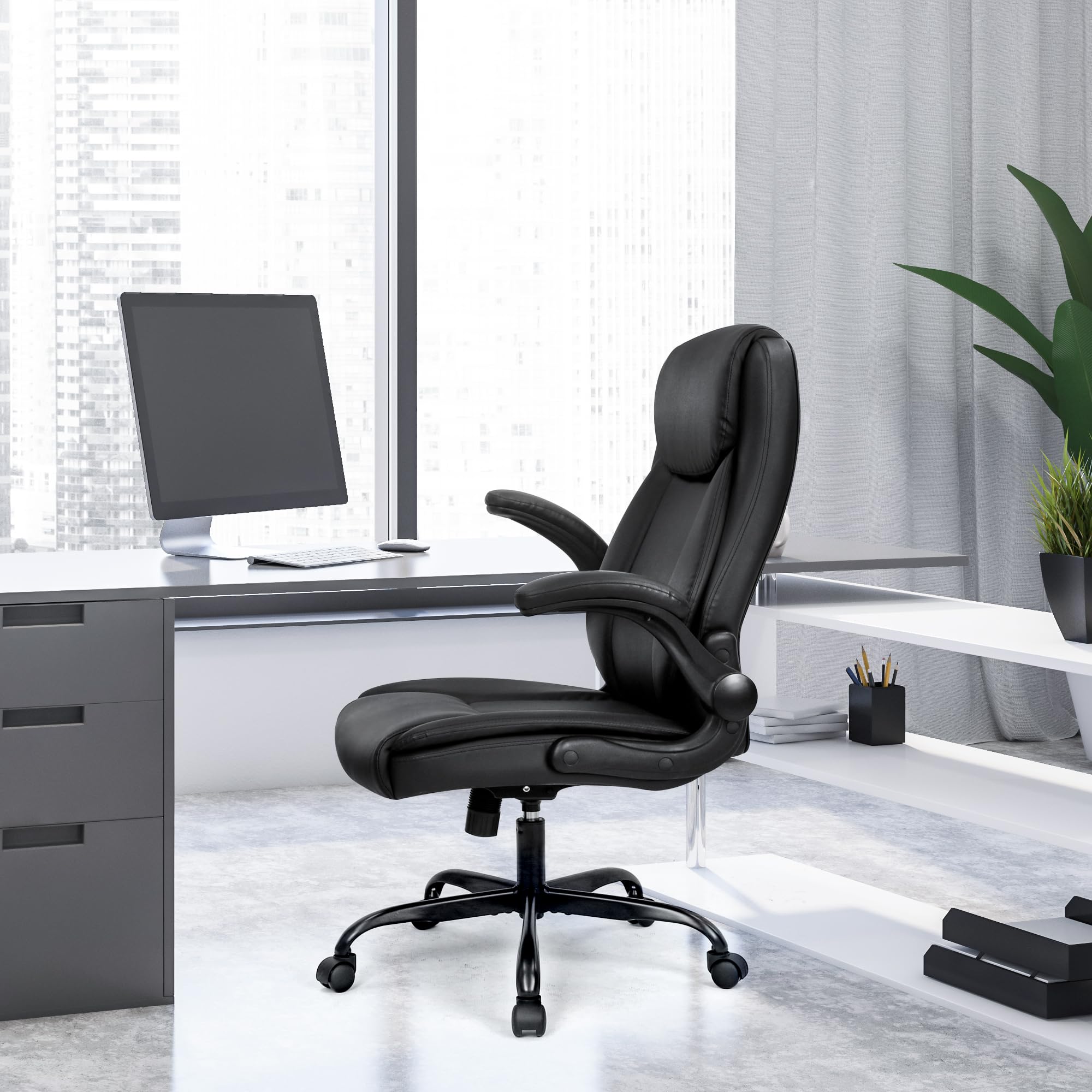 Ergonomic Office Chair Executive Computer Desk Chair Gaming High Back Support Comfy Seat Flip-up Arms Adjustable Height Swivel Rolling Wheels PU Leather for Home (Dark Black)