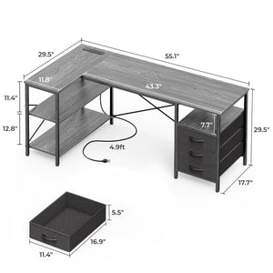 L Shaped Office Desk with Power Outlets, 55 Inch Computer Desk with 3 Drawers, Shelves, Reverisble for Gaming Corner Work Home Office Study, Grey