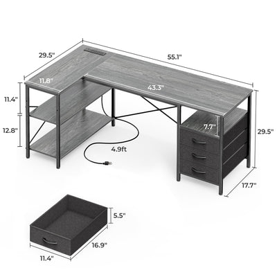 L Shaped Office Desk with Power Outlets, 55 Inch Computer Desk with 3 Drawers, Shelves, Reverisble for Gaming Corner Work Home Office Study, Grey