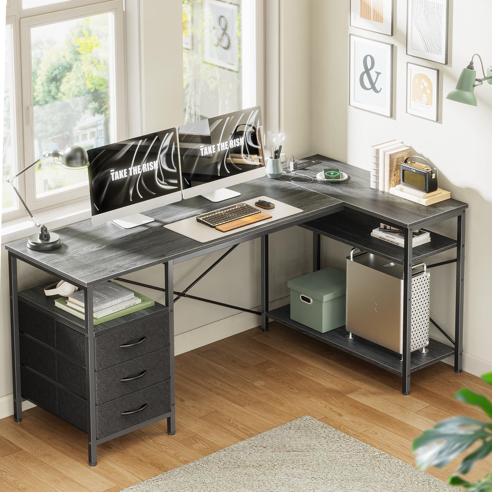 L Shaped Office Desk with Power Outlets, 55 Inch Computer Desk with 3 Drawers, Shelves, Reverisble for Gaming Corner Work Home Office Study, Grey