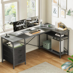L Shaped Office Desk with Power Outlets, 55 Inch Computer Desk with 3 Drawers, Shelves, Reverisble for Gaming Corner Work Home Office Study, Grey