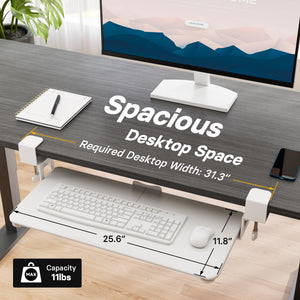 KMT01 Under Desk Keyboard Tray, Pull-Out Keyboard & Mouse Platform with C-Clamp, 25.6 x 11.8 in Space-Saving Ergonomic Slide-Out Drawer, White