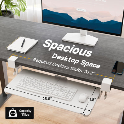 KMT01 Under Desk Keyboard Tray, Pull-Out Keyboard & Mouse Platform with C-Clamp, 25.6 x 11.8 in Space-Saving Ergonomic Slide-Out Drawer, White
