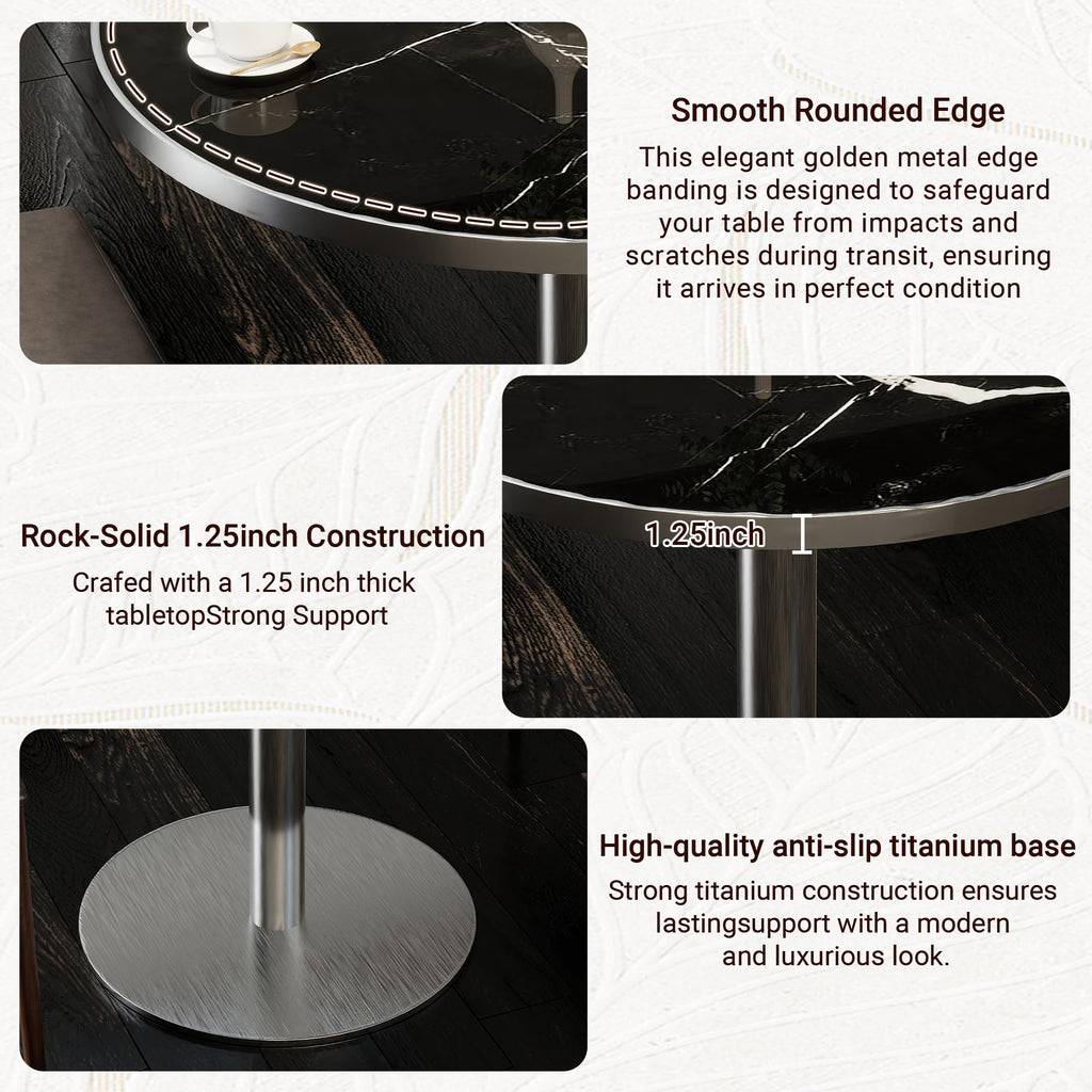 31.5" Tulip Table,Round Kitchen Dining Table for 2-4 with Thick Sintered Stone Top,Titanium Golden Pedestal Base,Heat-Resistant,Bistro Table for Dining Room,Café,Small Space（Silent Pulse）