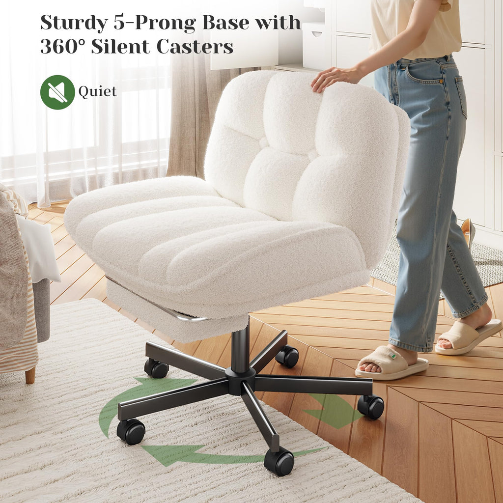 Cross Legged Office Chair with Foot Rest, 6.3" Thick Cushioned Criss Cross Chair with Wheels, Height Adjustable Swivel Vanity Chair for All-Day Comfort (White)