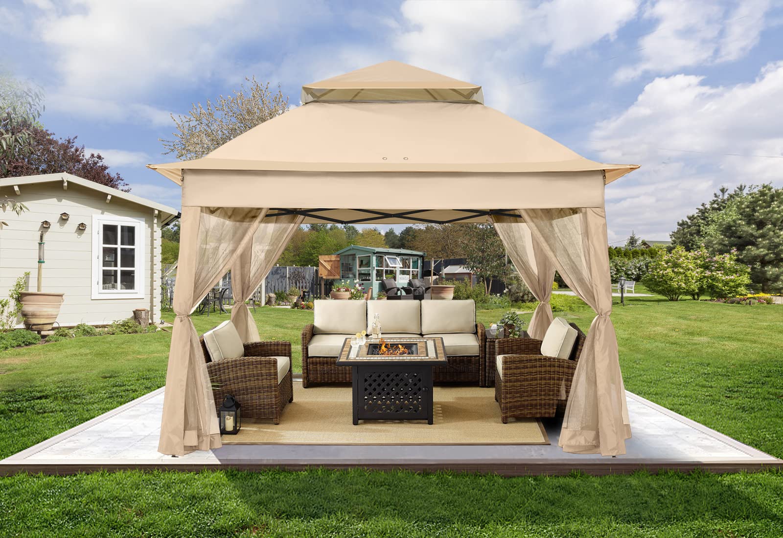 11x11Ft Easy Pop Up Gazebo Tent Instant Outdoor Canopy Shelter with Mosquito Netting Walls(Khaki)