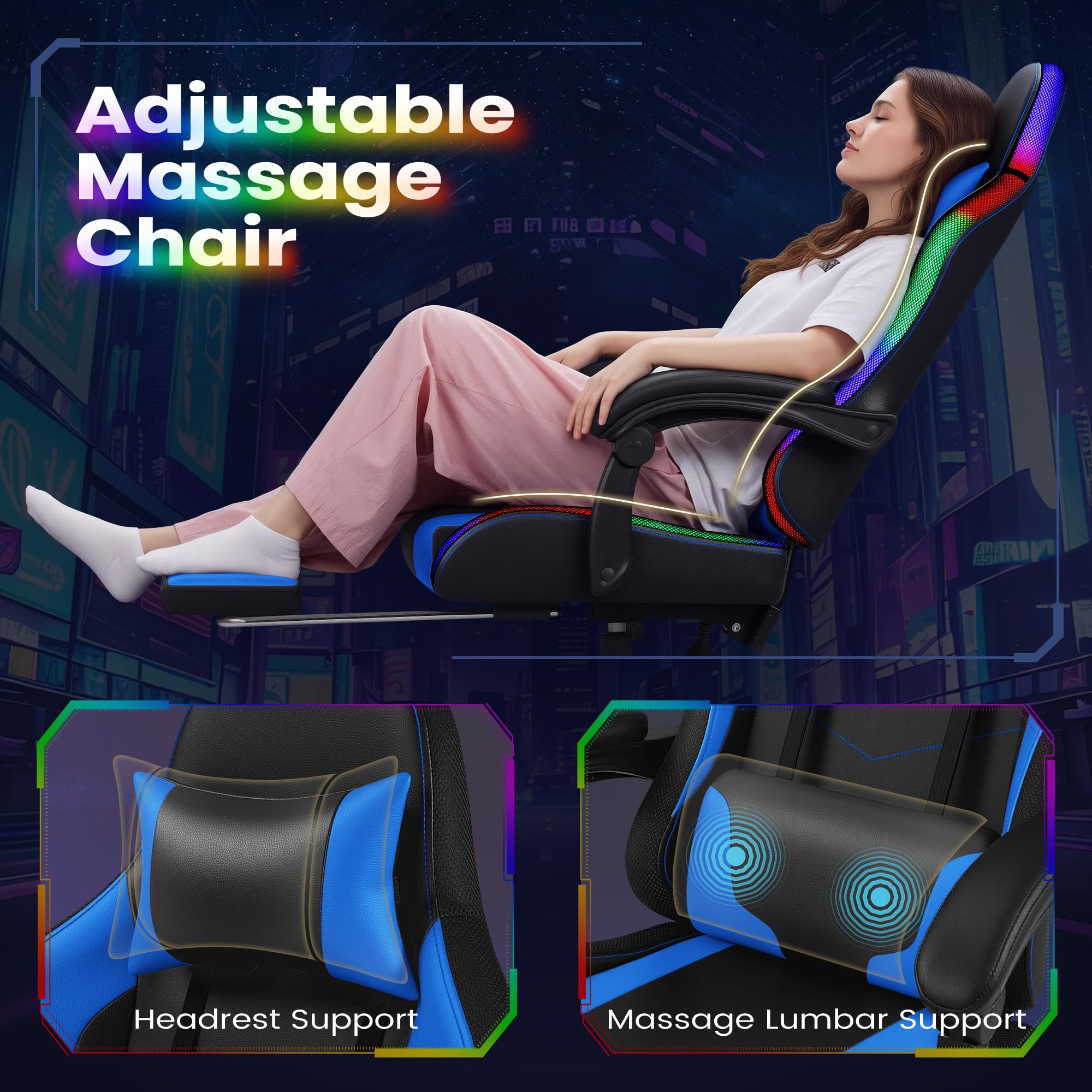 Gaming Chair, Video Game Chair with Footrest and Massage Lumbar Support, Ergonomic Computer Chair Height Adjustable with Swivel Seat and Headrest (RGB Blue)