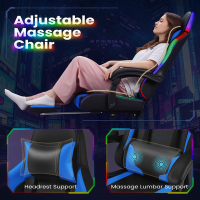 Gaming Chair, Video Game Chair with Footrest and Massage Lumbar Support, Ergonomic Computer Chair Height Adjustable with Swivel Seat and Headrest (RGB Blue)