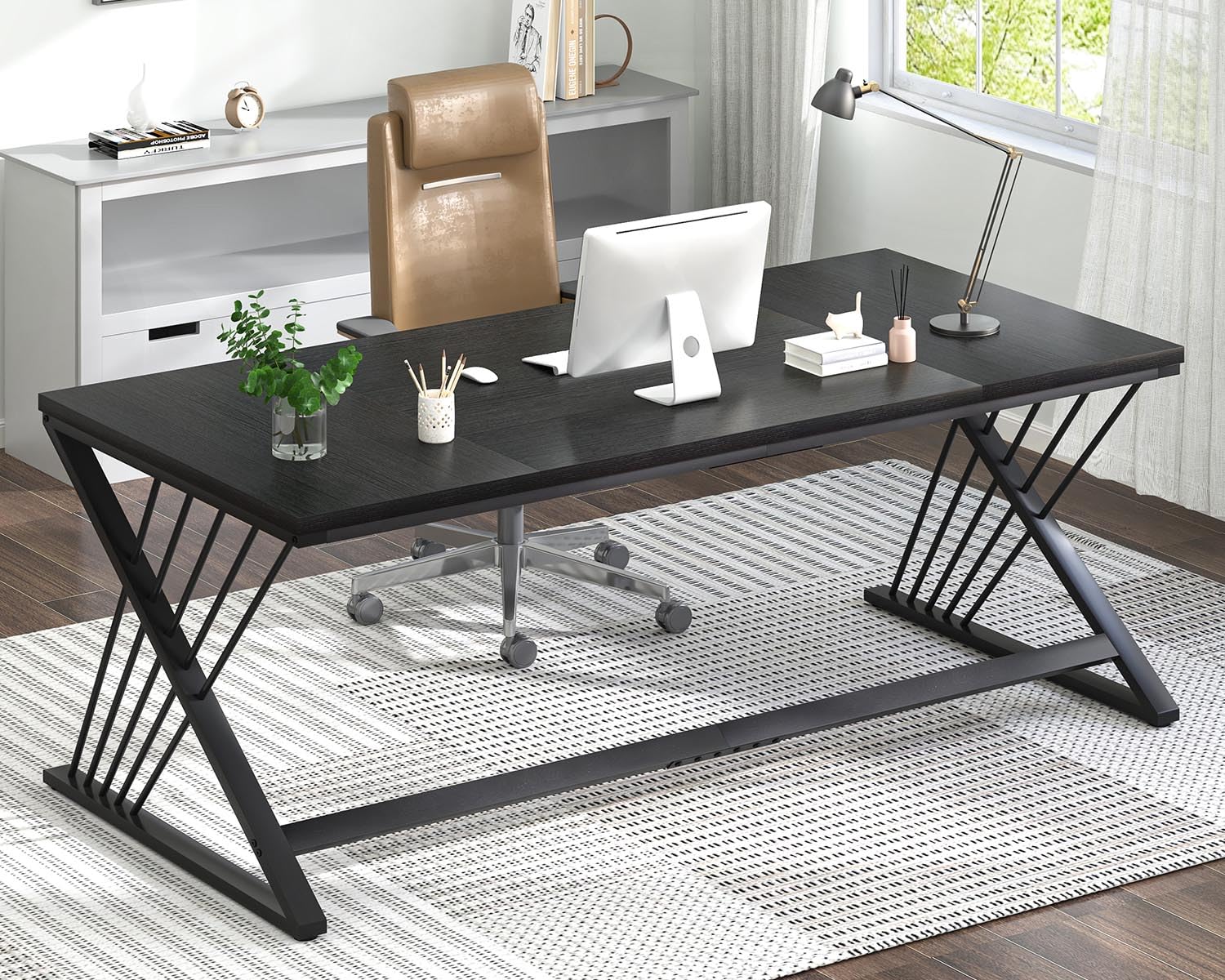 70.9" Black Computer Desk, Modern Home Office Desk, Large Gaming Workstation Executive Desk with Z-Shaped Legs, 2 Person Large Study Writing Table for Bedroom