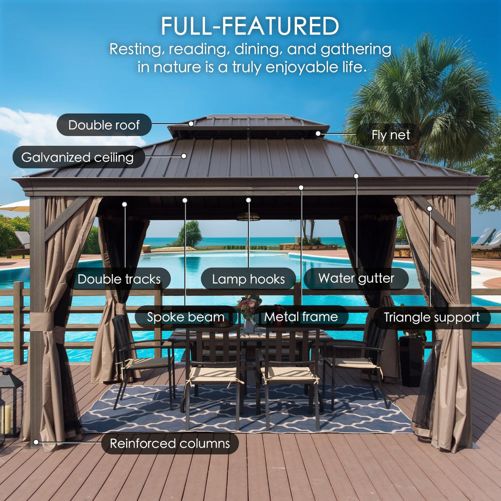 10' x 12' Hardtop Gazebo, Aluminum Frame with Galvanized Steel Double Roof, Outdoor Permanent Pavilion with Curtains and Netting for Patio, Backyard, Deck, Lawn(Brown)