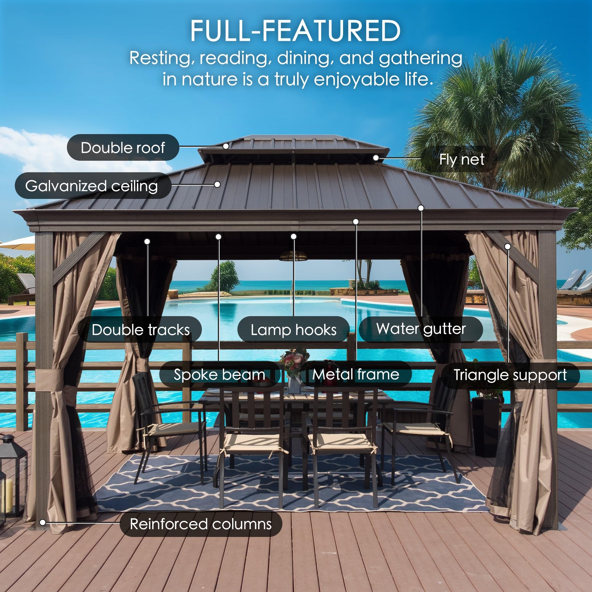 Hardtop Aluminum Permanent Gazebo with a Mosquito Net and Privacy Sidewalls (Alexander 12'x14' (Brown)