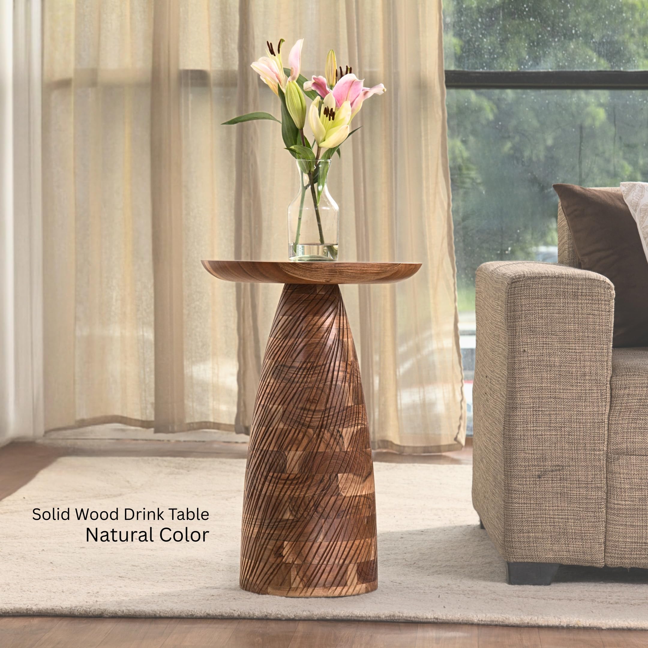 Mid-Century Farmhouse Cottagecore Accent Drink Table, Round Solid Mango Wood Accent Table with Carved Cone Base Minimalist Design for Small Spaces, Living Room, Bedroom or Entryway, Natural, Assembled