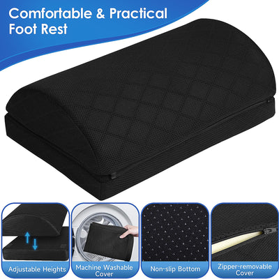Foot Rest for Under Desk at Work Adjustable Foam for Office and Home, Office Desk Accessories，Comfortable Footrest with 2 Adjustable Heights，Back & Hip Pain Relief (Black)