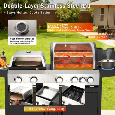 3 IN 1 Pizza Griddle Grill Combo, 74,000 BTU 5 Burner Stainless Steel Propane Gas Grill with Side Burner,Pizza Oven, Griddle and Porcelain Enameled Cast Iron Grates for Outdoor Patio Backyard