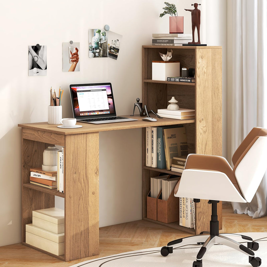 Computer Desk with Bookshelf, Writing Study Desk with Storage Shelves & CPU Stand, Modern Compact Computer Workstation for Home & Office, Space-Saving Design(Natural)