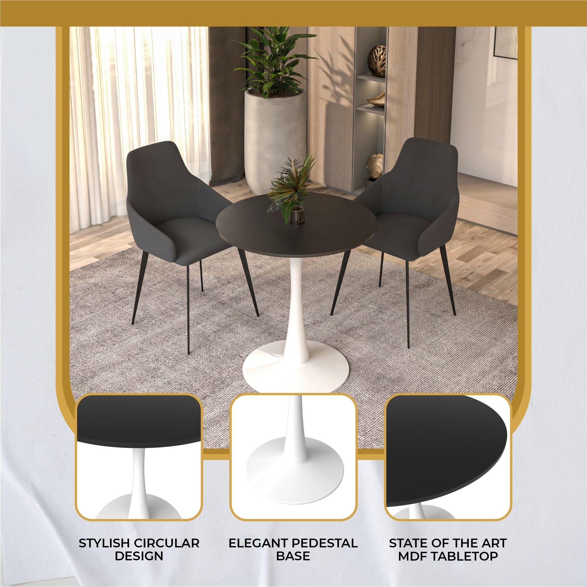 24" Wide Round Dining Table, Modern MDF Wood Top & White Metal Pedestal Base Gloss Finish Accent Table Mid-Century Café Table, Kitchen Dining Room Furniture, Black