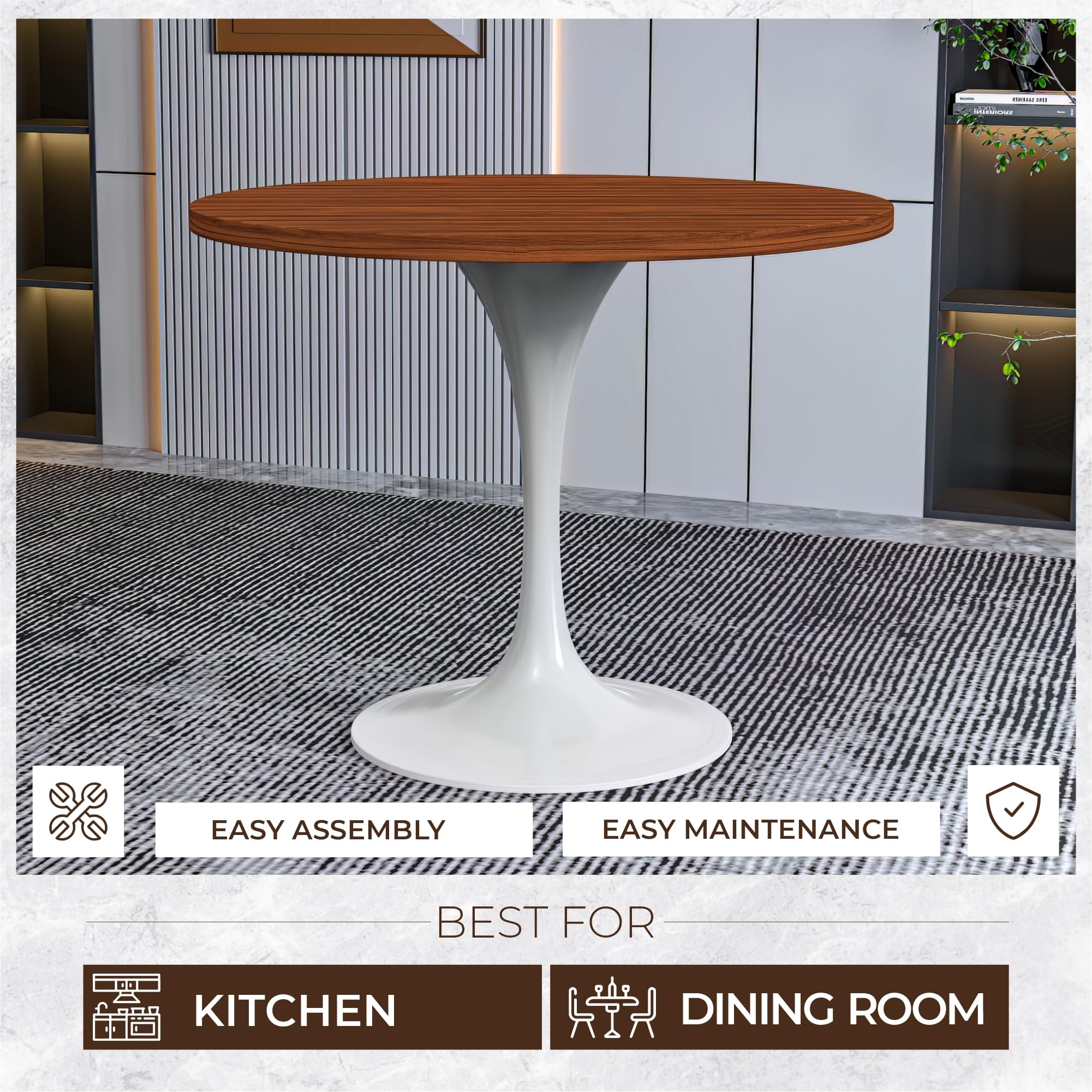 Mid-Century Modern 36 Inch Round Dining Table, MDF Wood Tabletop with White Steel Pedestal Base, Contemporary Kitchen & Dining Room Table, for Small Spaces (Cognac Brown)