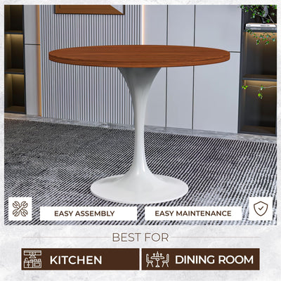 Mid-Century Modern 36 Inch Round Dining Table, MDF Wood Tabletop with White Steel Pedestal Base, Contemporary Kitchen & Dining Room Table, for Small Spaces (Cognac Brown)