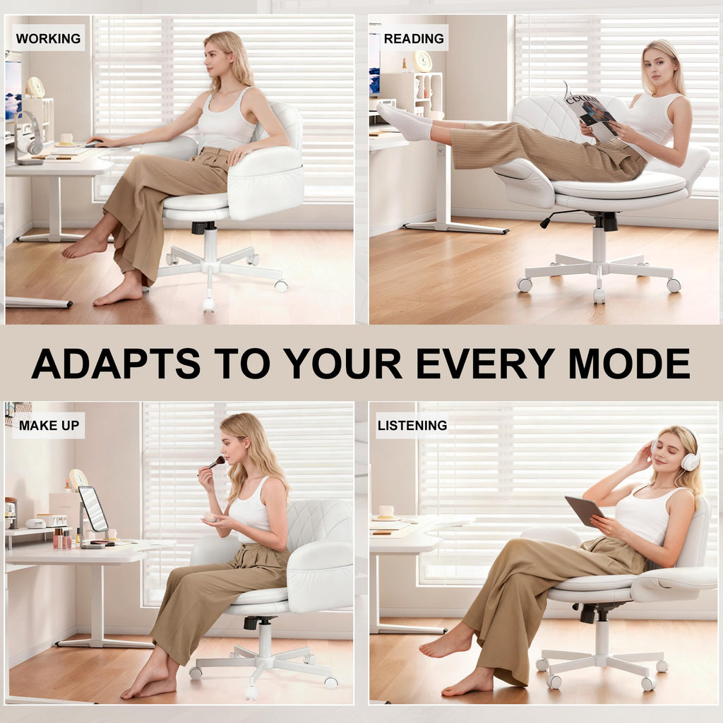 Criss Cross Chair with Armrests & Wheels for Cross-Legged Sitting, Comfortable PU Leather Vanity Chair, Office Desk Chairs with Adjustable Rocking Function, for Home, Bedroom White