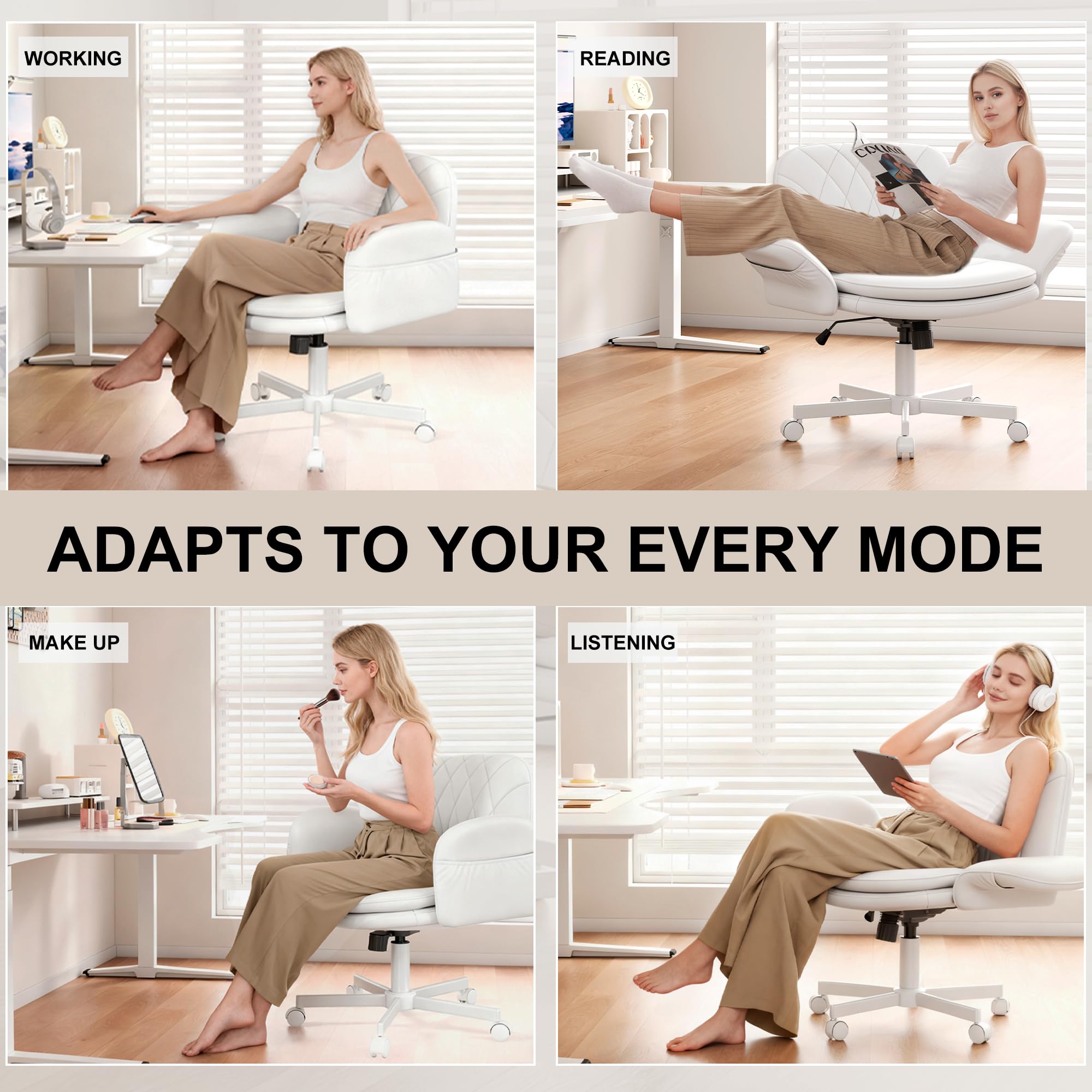 Criss Cross Chair with Armrests & Wheels for Cross-Legged Sitting, Comfortable PU Leather Vanity Chair, Office Desk Chairs with Adjustable Rocking Function, for Home, Bedroom White