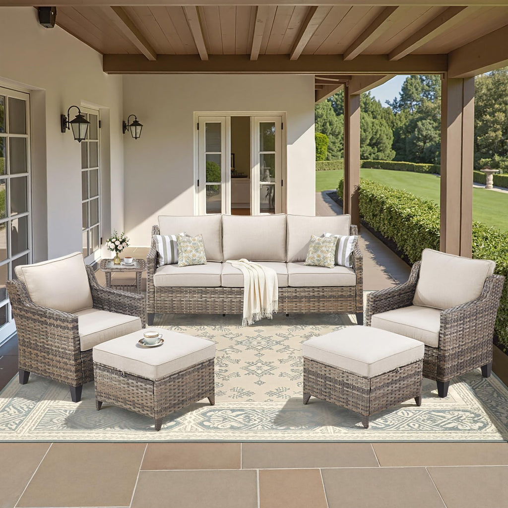 Outdoor Patio Furniture Set-PE Wicker Sofa Couch with Ottomans Comfy Cushions, All Weather High Back Patio Conversation Set for Porch Deck Balcony Garden Grey/Beige