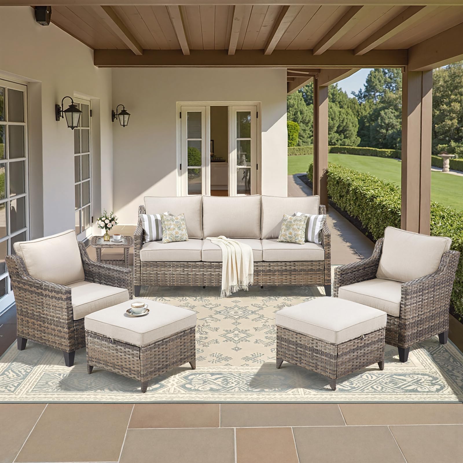 Outdoor Patio Furniture Set-PE Wicker Sofa Couch with Ottomans Comfy Cushions, All Weather High Back Patio Conversation Set for Porch Deck Balcony Garden Grey/Beige