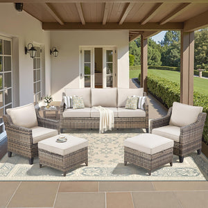 Outdoor Patio Furniture Set-PE Wicker Sofa Couch with Ottomans Comfy Cushions, All Weather High Back Patio Conversation Set for Porch Deck Balcony Garden Grey/Beige