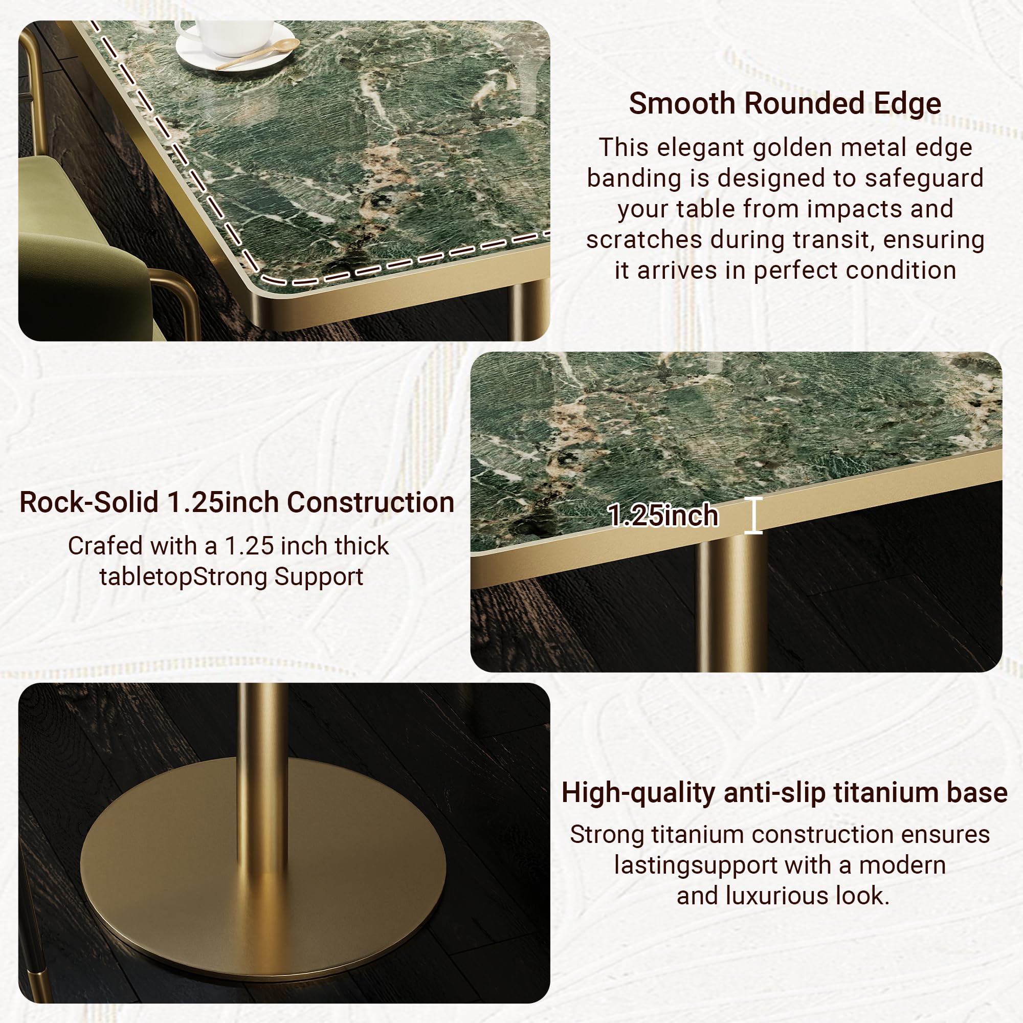 31.5" Tulip Table,Square Kitchen Dining Table for 2-4 with Thick Sintered Stone Top,Titanium Golden Pedestal Base,Heat-Resistant,Bistro Table for Dining Room,Café,Small Space（Emerald Essence）